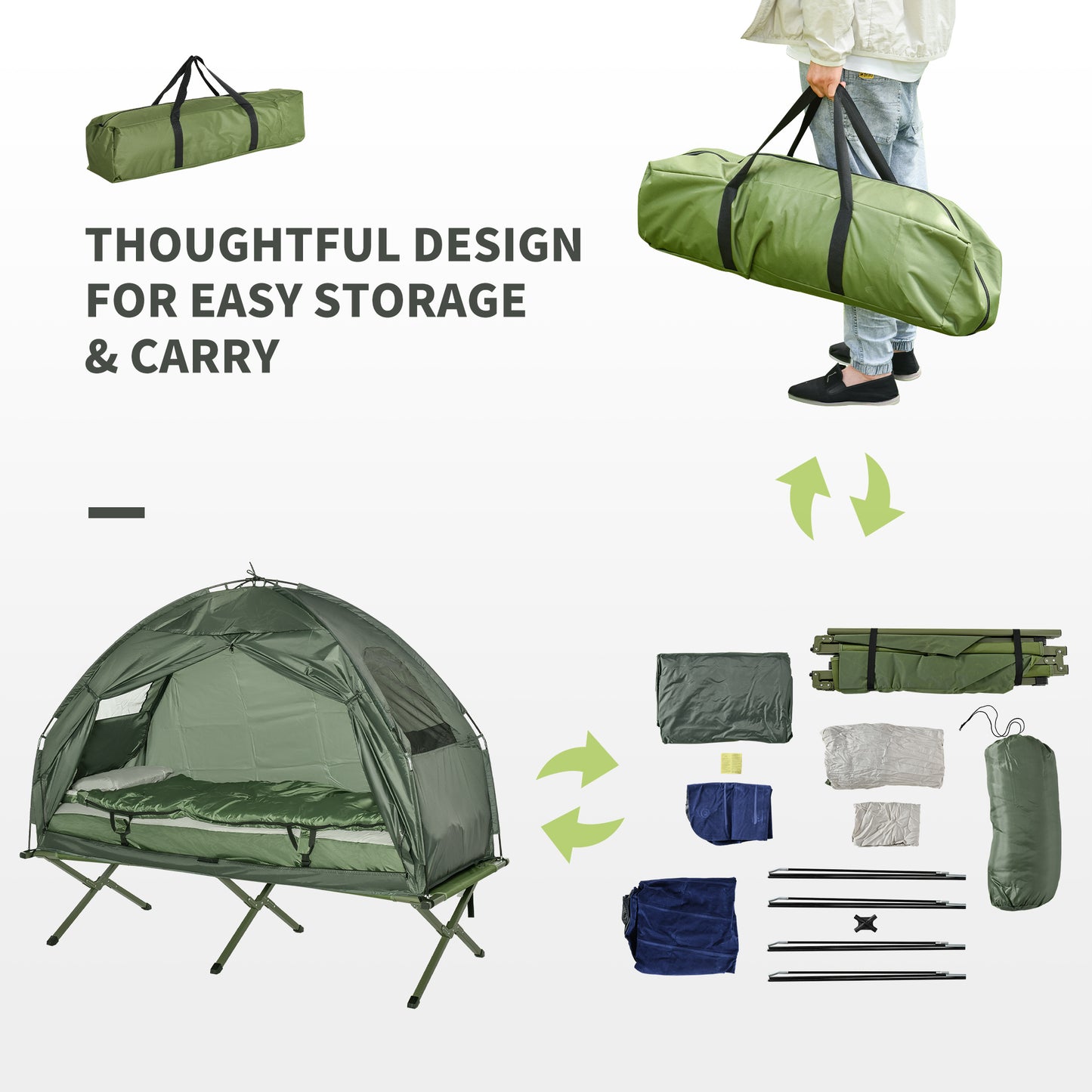 All-in-One Folding Camping Cot with Tent – Elevated Sleeping Cot with Sleeping Bag, Air Mattress & Pillow for Adult Camping