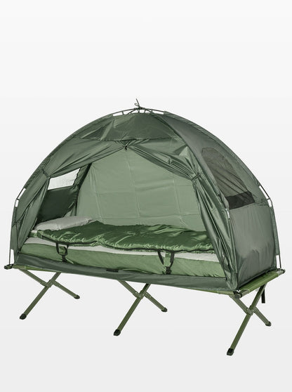 All-in-One Folding Camping Cot with Tent – Elevated Sleeping Cot with Sleeping Bag, Air Mattress & Pillow for Adult Camping