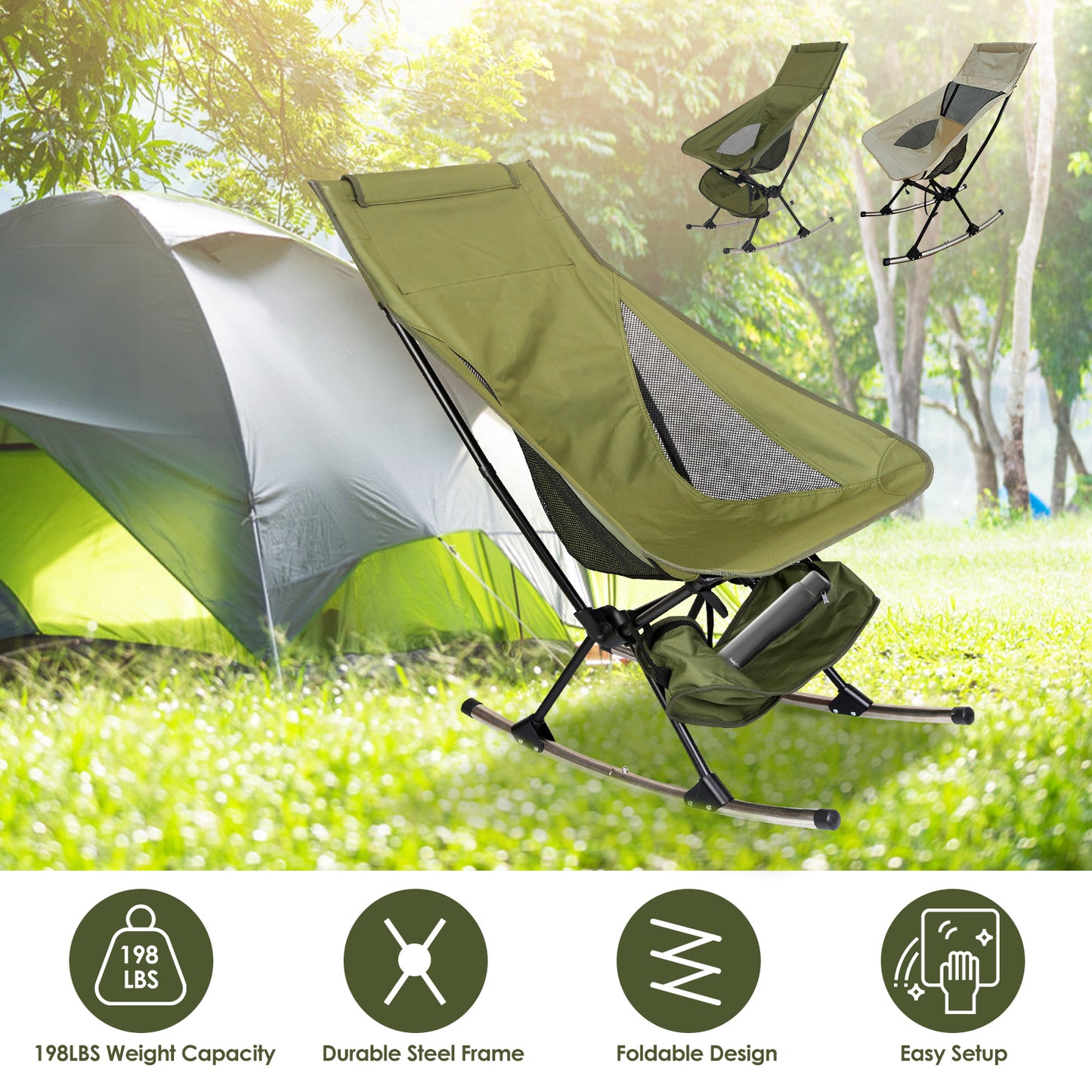 Portable Camping Rocking Chair – High Back Folding Rocker with Carry Bag, 198 lb Capacity for Camping, Fishing & Outdoor Relaxation
