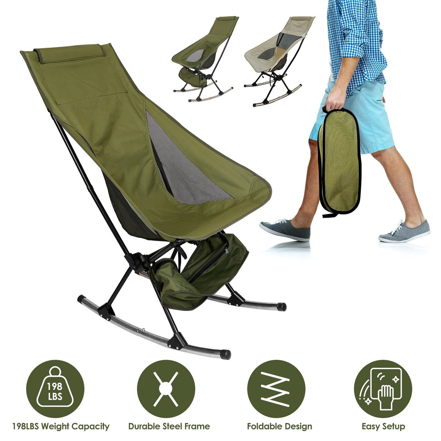 Portable Camping Rocking Chair – High Back Folding Rocker with Carry Bag, 198 lb Capacity for Camping, Fishing & Outdoor Relaxation
