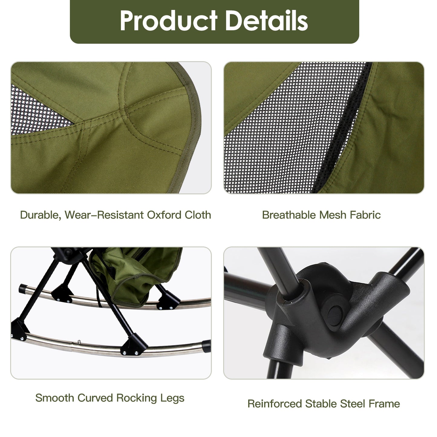Portable Camping Rocking Chair – High Back Folding Rocker with Carry Bag, 198 lb Capacity for Camping, Fishing & Outdoor Relaxation