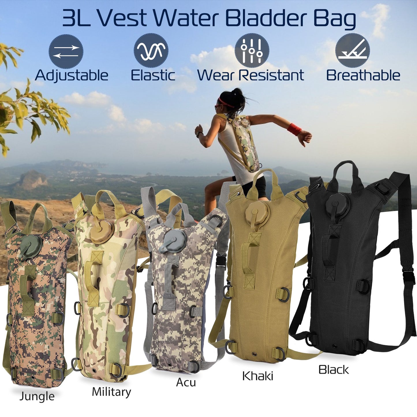 3L Tactical Hydration Backpack – Adjustable Water Bladder Pack with Bite Valve for Hiking, Cycling, Running & Climbing