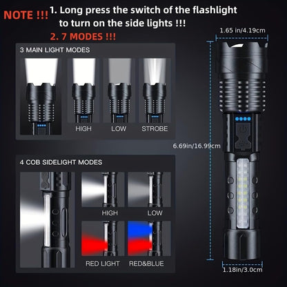 Super Powerful Rechargeable LED Flashlight – Adjustable Focus Torch with Flood & Spot Light for Camping, Fishing, Hunting & Emergencies
