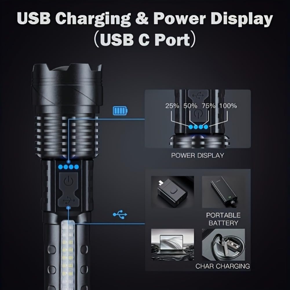 Super Powerful Rechargeable LED Flashlight – Adjustable Focus Torch with Flood & Spot Light for Camping, Fishing, Hunting & Emergencies