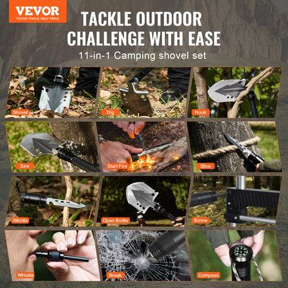 Heavy-Duty Survival Shovel — 11-in-1 Folding Tactical Multi-Tool for Camping & Outdoor Use