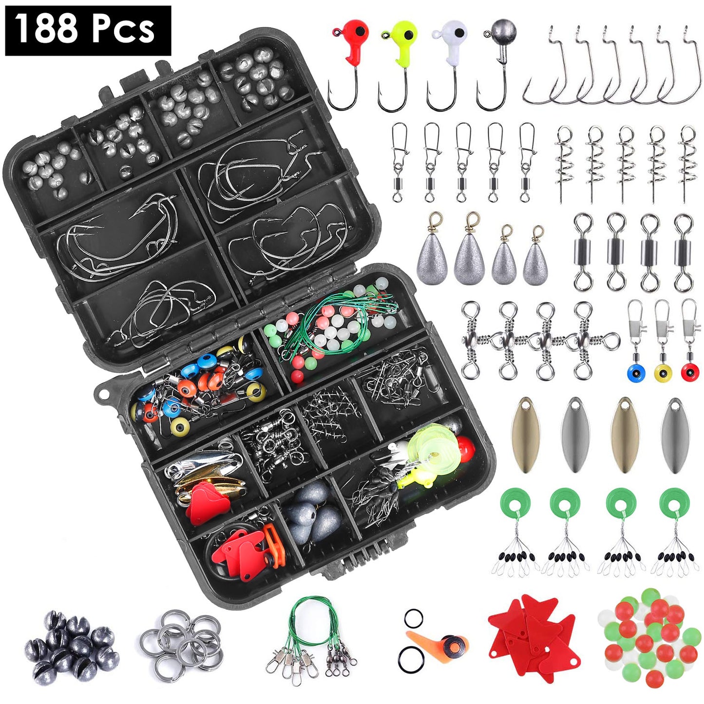 188-Piece Fishing Accessory Kit – Portable Tackle Box Set with Hooks, Sinkers, Lures & Swivels for Freshwater & Saltwater Fishing
