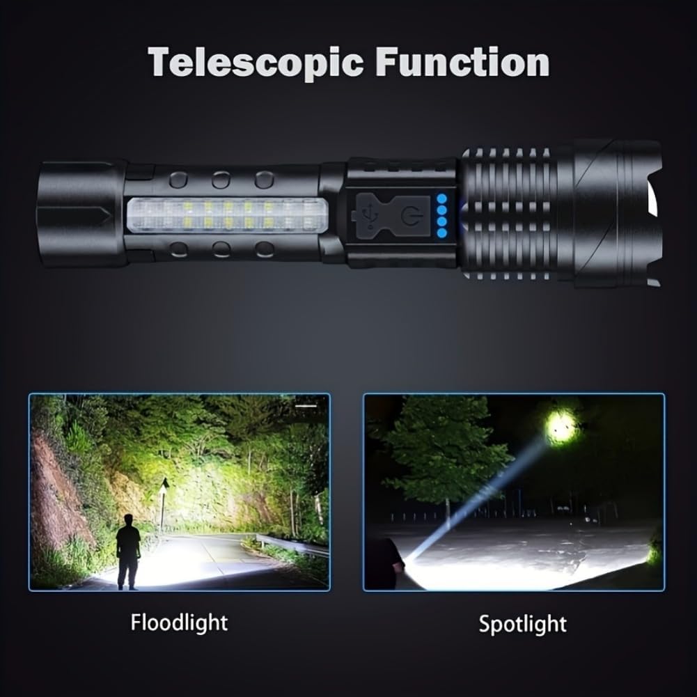 Super Powerful Rechargeable LED Flashlight – Adjustable Focus Torch with Flood & Spot Light for Camping, Fishing, Hunting & Emergencies